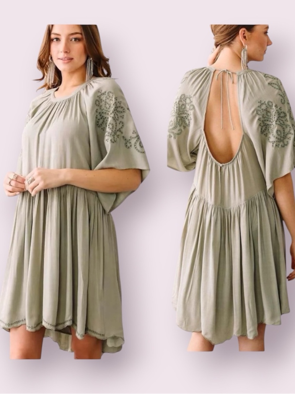 En Creme Flowy Embroidered Eyelet Boho Mini Dress Open Back Seagrass Green Small